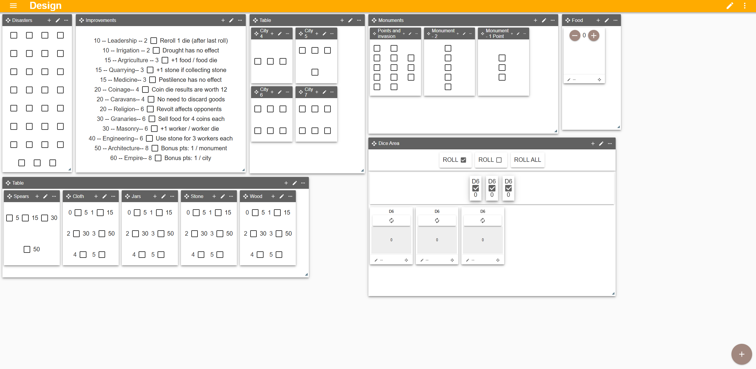 A complex prototype in Iterary showing cards, dice, notes, and boards working together