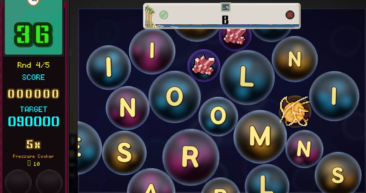 Word Wash gameplay showing letter bubbles, the score panel, and the current word being spelled
